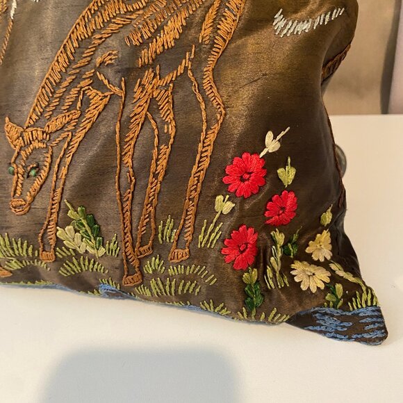 Vintage Brown Satin Pillow – Hand Embroidered Deer Forest Cabin 13x13 - Picture 3 of 7